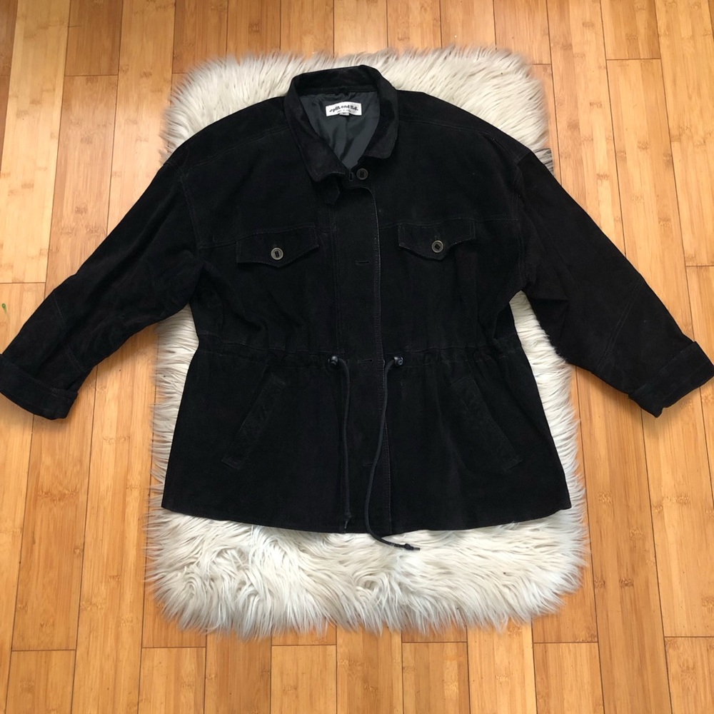 Split End Ltd Suede Leather Drawstring Waist Relaxed Fit Black Jacket size M/L